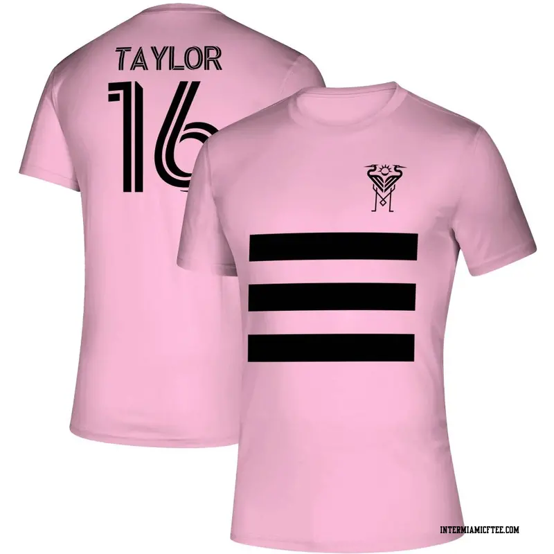 Men's Inter Miami CF ＃16 Robert Taylor Pink Three Stripe Life Pitch Name & Number T-Shirt