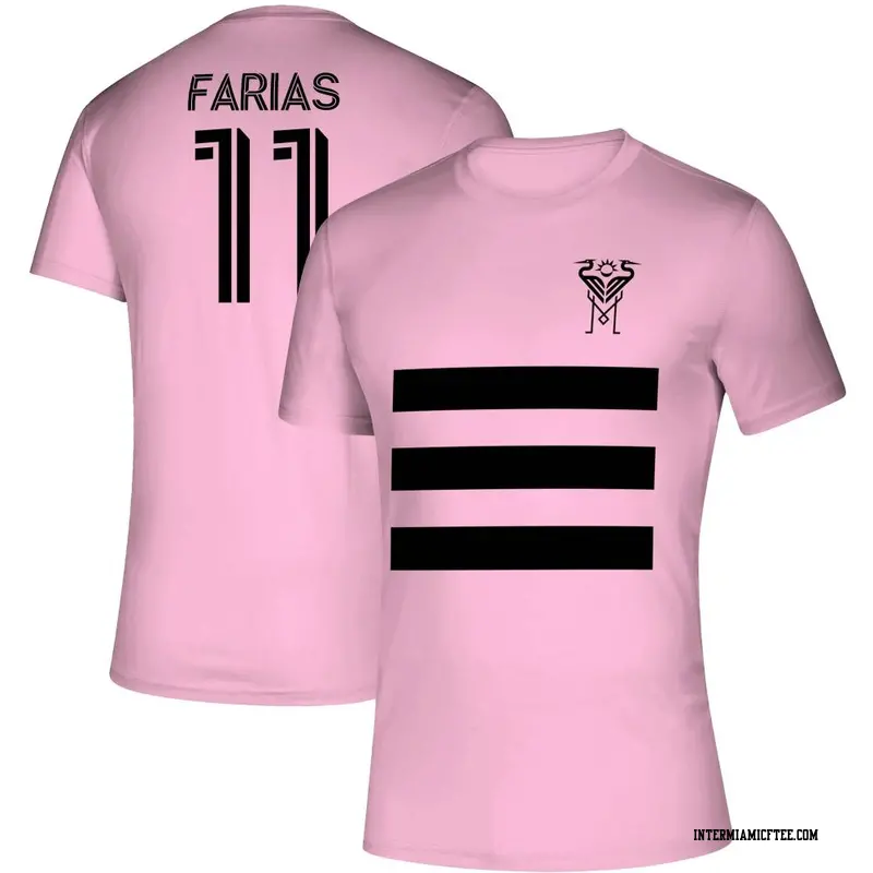 Youth Inter Miami CF ＃11 Facundo Farías Pink Three Stripe Life Pitch Name & Number T-Shirt