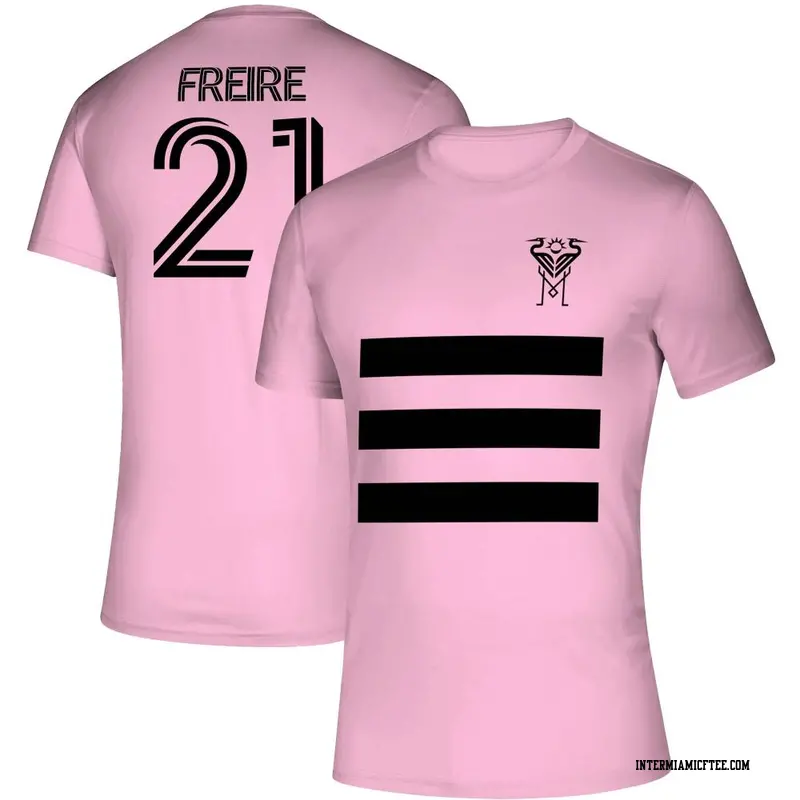 Youth Inter Miami CF ＃21 Nicolás Freire Pink Three Stripe Life Pitch Name & Number T-Shirt