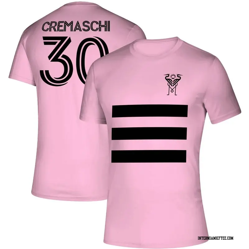 Youth Inter Miami CF ＃30 Benjamin Cremaschi Pink Three Stripe Life Pitch Name & Number T-Shirt